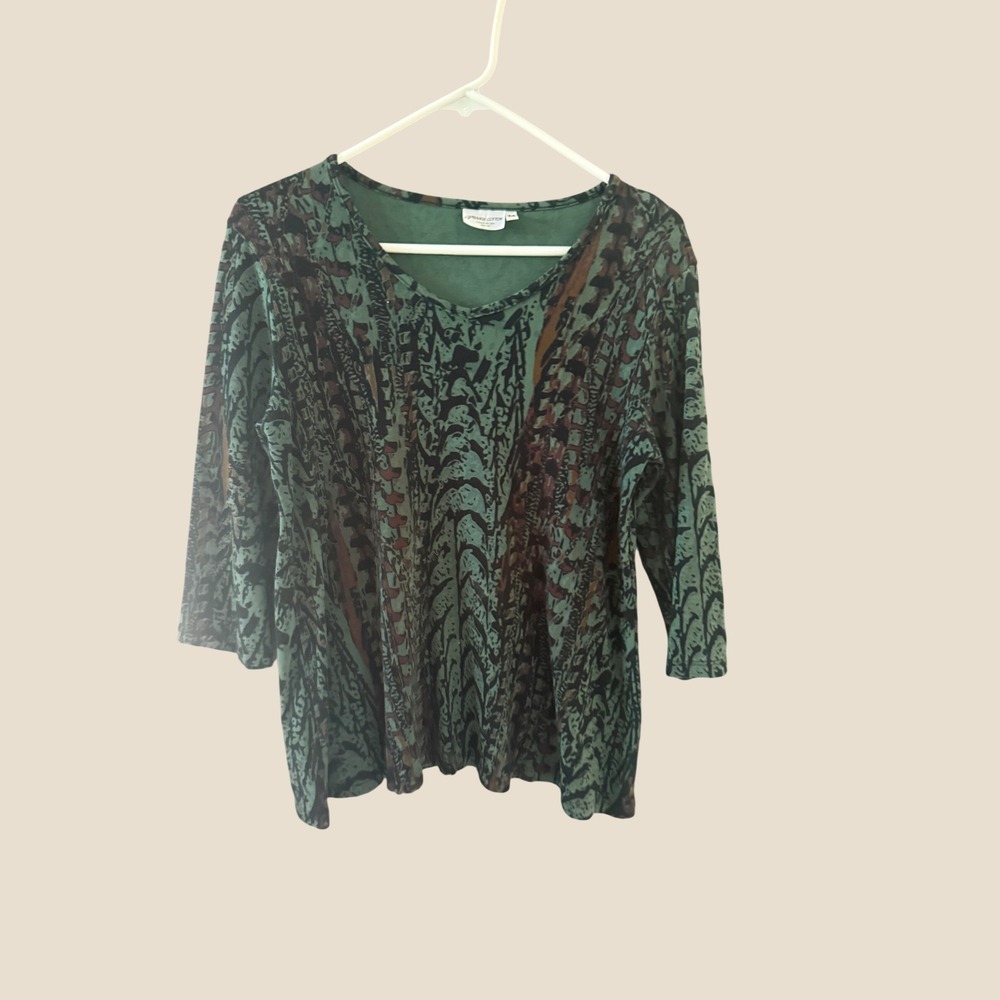 Prairie Cotton Womens M‎ Teal Brown Abstract Print 3/4 Sleeve Scoop Neck Top USA
